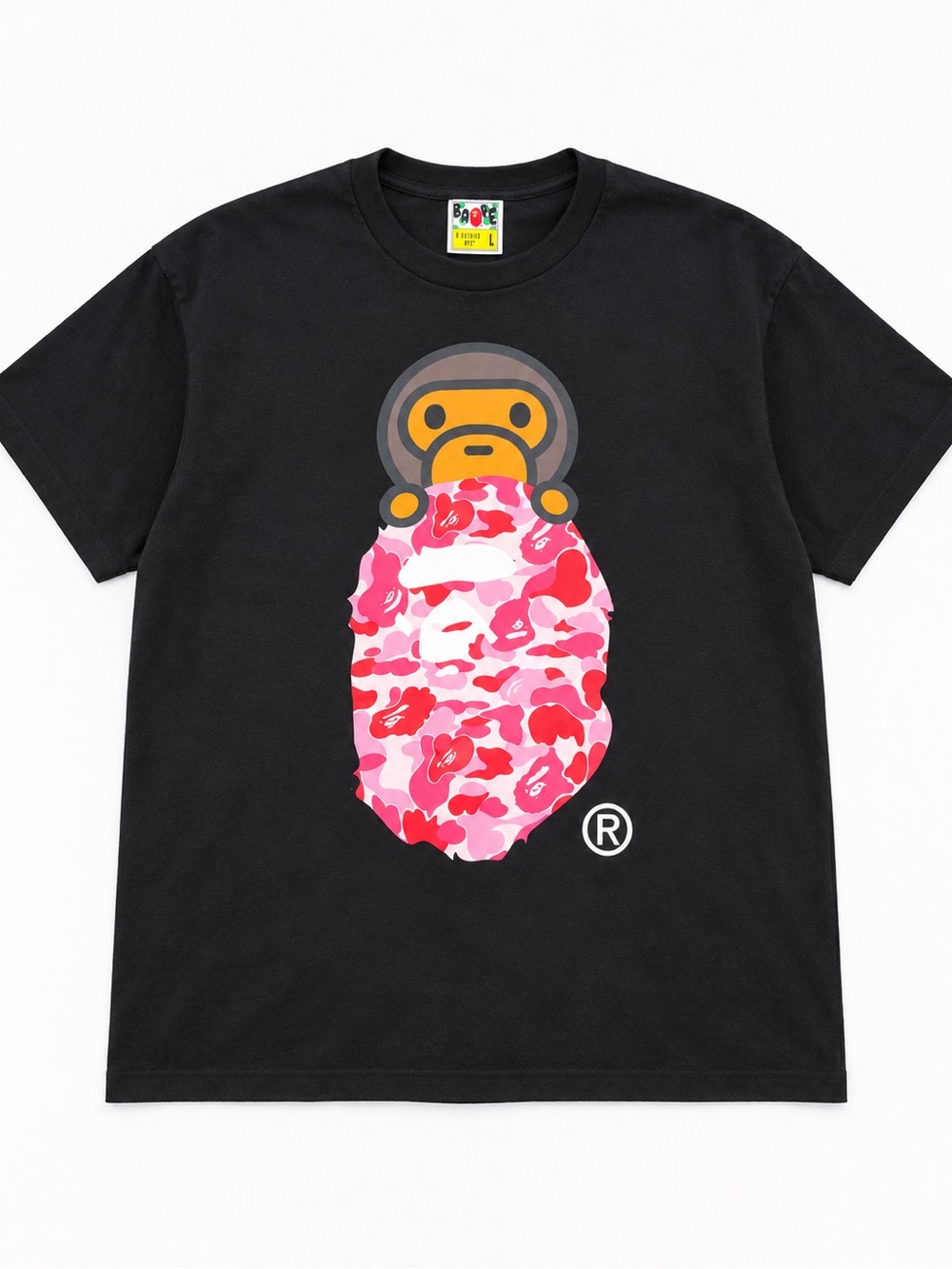 A Bathing Ape Black Graphic Ape Head T-Shirt - Pink Camo